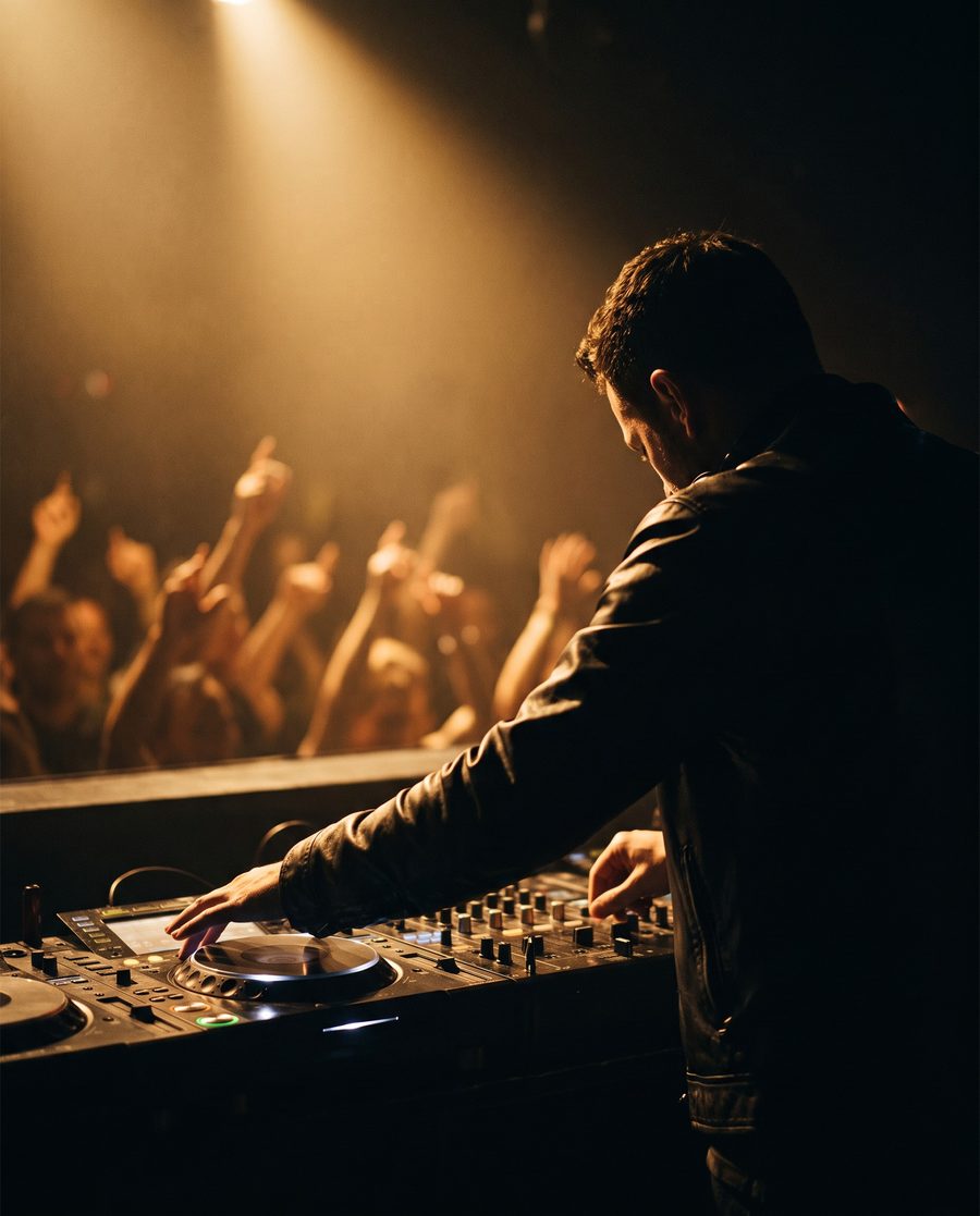DJ Honeycomb playing to a full room, hands on the decks under warm stage light
